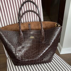 Polo by Ralph Lauren Brown Crocodile-Embossed Leather Tote Bag